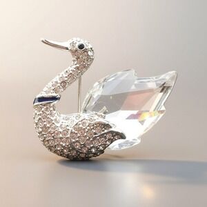 Crystal Swan Brooch Silver Tone Clear Rhinestone Bird 1.75' Pin Vtg Statement
